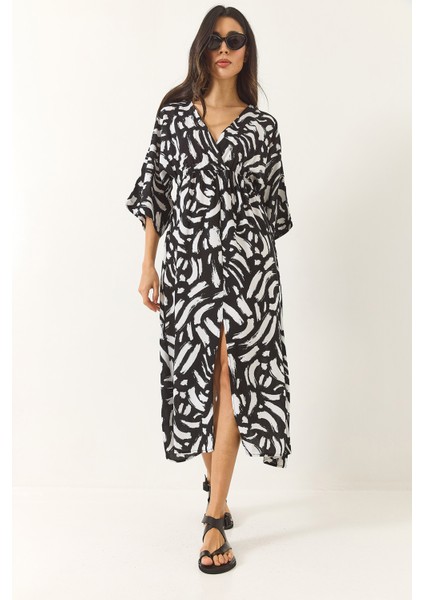 Kadın Anvelop Yaka Beli Lastikli Desenli Yazlık Viskon Elbise modelleri