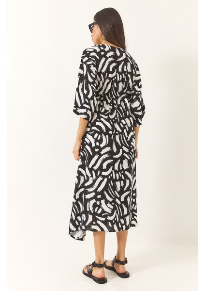 Kadın Anvelop Yaka Beli Lastikli Desenli Yazlık Viskon Elbise fırsatları