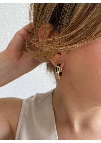 Özel Seri Yılan Derisi Model Zirkon Taşlı Halka Gold Renkli Küpe