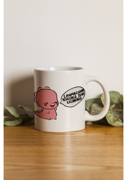 Beyaz Porselen Lahmacun ve Yeşillik Temalı Kupa Bardak Makinede Yıkanabilir