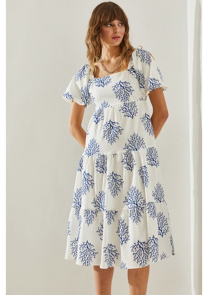 Kadın Kare Yaka Karpuz Kol Sırt Fiyonklu Yaprak Desenli Elbise