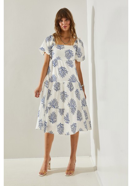 Kadın Kare Yaka Karpuz Kol Sırt Fiyonklu Yaprak Desenli Elbise modelleri