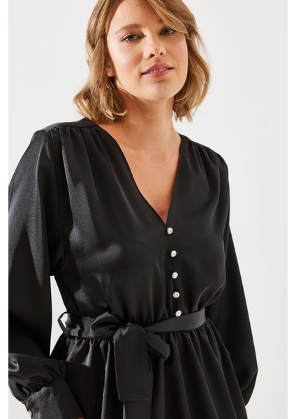 Kadın Kuşaklı Düğme Detaylı Saten Elbise Mbms modelleri