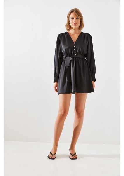 Kadın Kuşaklı Düğme Detaylı Saten Elbise Mbms indirimleri