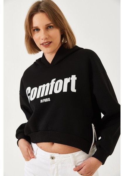 Kadın Üç Iplik Şardonlu Yanları Fermuarlı Crop Sweatshirt