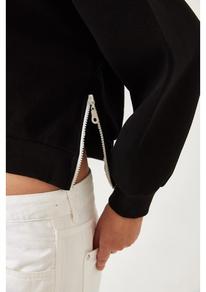 Kadın Üç Iplik Şardonlu Yanları Fermuarlı Crop Sweatshirt modelleri