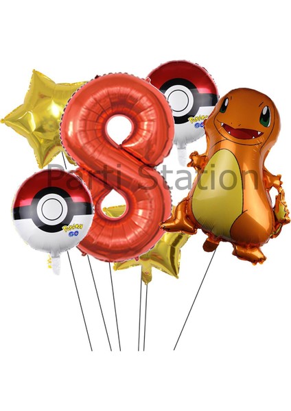 Pokemon Charizard Konsept 8 Yaş Balon Set Pokemon Çarizart Doğum Günü Yıldız Folyo Balon Set