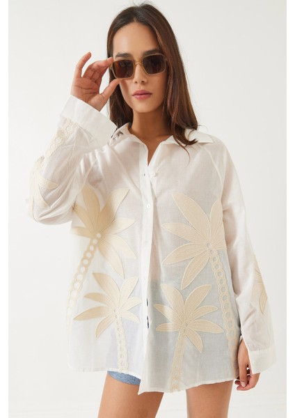 Kadın Palmiye Işlemeli Uzun Kollu Keten Gömlek