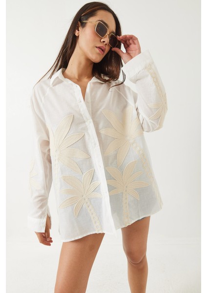 Kadın Palmiye Işlemeli Uzun Kollu Keten Gömlek fiyatları