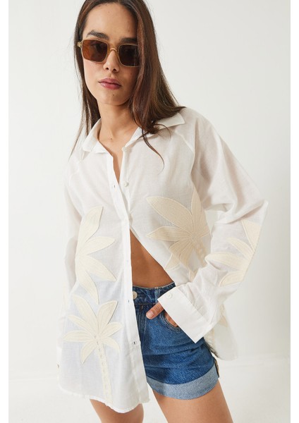 Kadın Palmiye Işlemeli Uzun Kollu Keten Gömlek modelleri