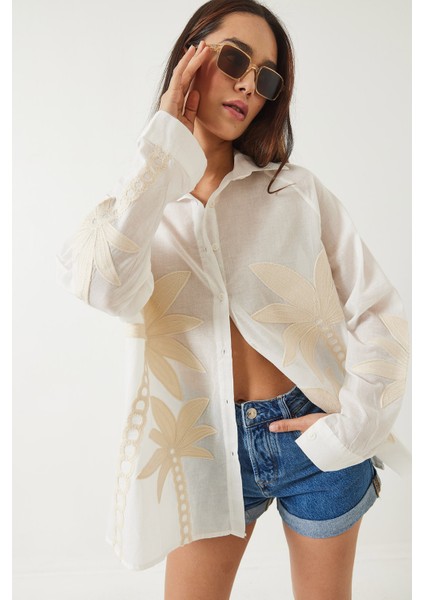 Kadın Palmiye Işlemeli Uzun Kollu Keten Gömlek fırsatları