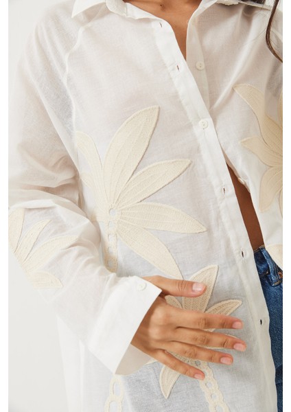 Kadın Palmiye Işlemeli Uzun Kollu Keten Gömlek indirimleri