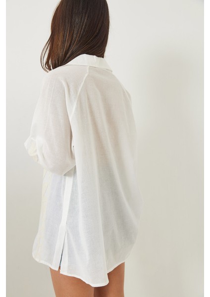 Kadın Palmiye Işlemeli Uzun Kollu Keten Gömlek