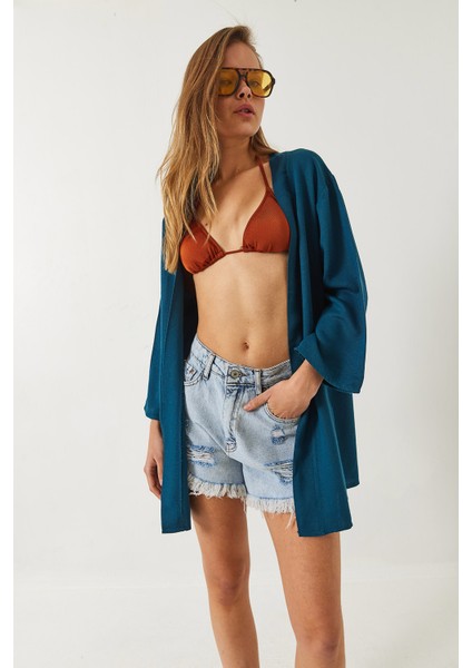 Kadın Keten Dokulu Kısa Basic Kimono fiyatları