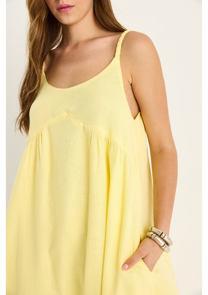 Kadın Saç Örgü Askılı Cep Detaylı Astarlı Salaş Müslin Elbise fırsatları