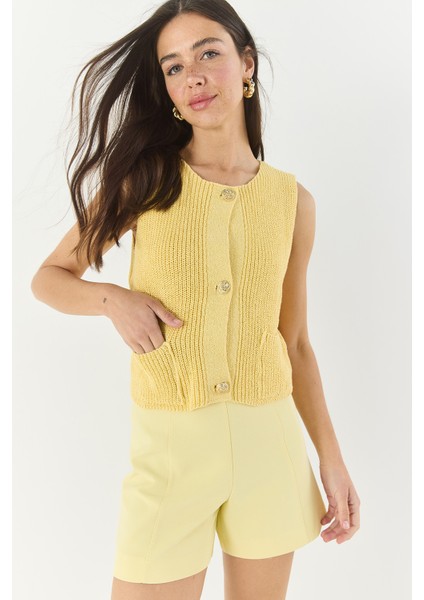 Kadın Bisiklet Yaka Gold Düğme Detaylı Sıfır Kollu Örgü Yelek Ty fiyatları