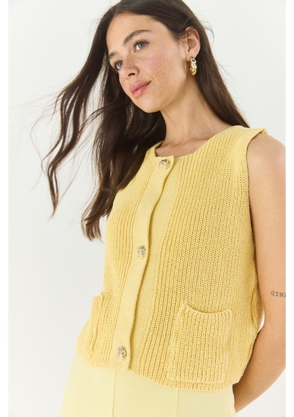 Kadın Bisiklet Yaka Gold Düğme Detaylı Sıfır Kollu Örgü Yelek Ty modelleri
