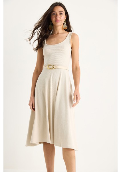 Kadın U Yaka Askılı Fitilli Kloş Elbise fiyatları