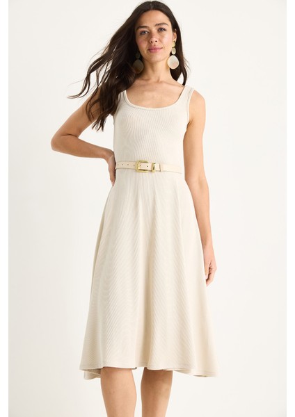 Kadın U Yaka Askılı Fitilli Kloş Elbise modelleri