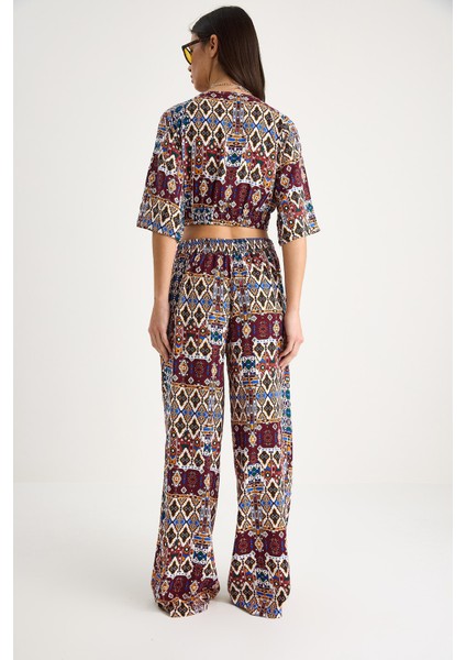 Kadın Desenli Crop Bluz Pantolon Takım