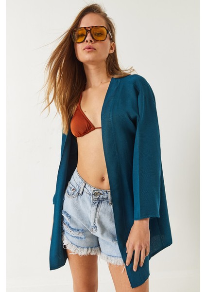 Kadın Keten Dokulu Kısa Basic Kimono fırsatları