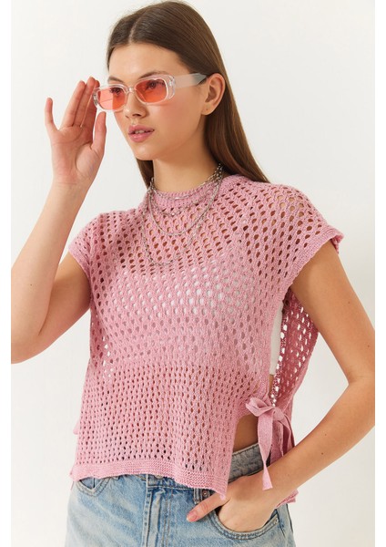 Kadın Yandan Bağlama Detaylı Ajurlu Bisiklet Yaka Süveter