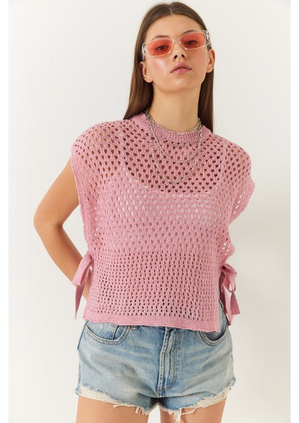 Kadın Yandan Bağlama Detaylı Ajurlu Bisiklet Yaka Süveter fiyatları