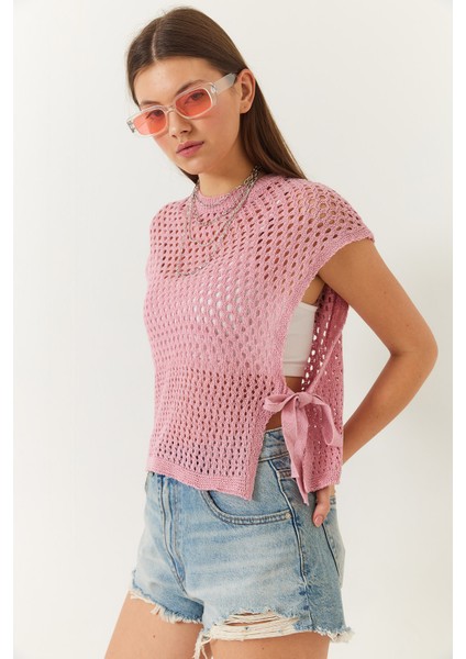 Kadın Yandan Bağlama Detaylı Ajurlu Bisiklet Yaka Süveter modelleri