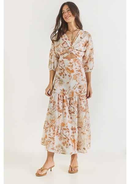 Kadın Pencere Detaylı Desenli Uzun Keten Elbise