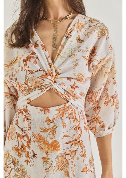 Kadın Pencere Detaylı Desenli Uzun Keten Elbise fırsatları