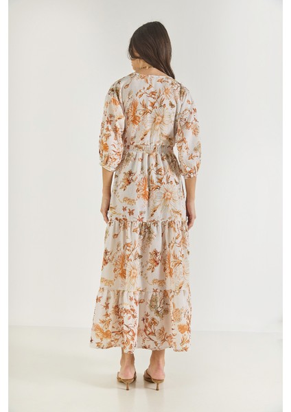 Kadın Pencere Detaylı Desenli Uzun Keten Elbise indirimleri