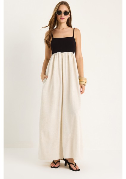 Kadın Askılı Sırt Detaylı Cepli Astarlı Keten Elbise De