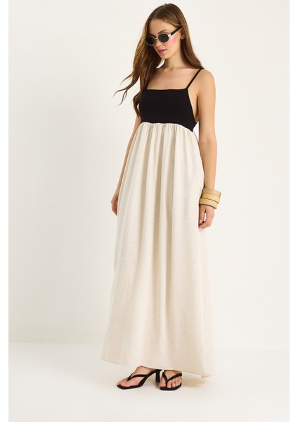 Kadın Askılı Sırt Detaylı Cepli Astarlı Keten Elbise De fiyatları