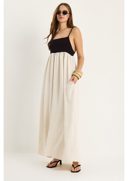 Kadın Askılı Sırt Detaylı Cepli Astarlı Keten Elbise De modelleri