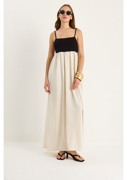 Kadın Askılı Sırt Detaylı Cepli Astarlı Keten Elbise De fırsatları