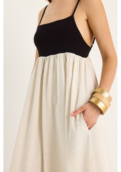 Kadın Askılı Sırt Detaylı Cepli Astarlı Keten Elbise De indirimleri