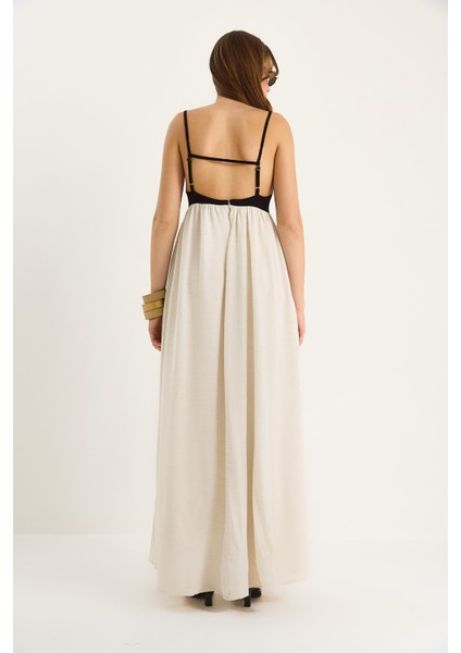 Kadın Askılı Sırt Detaylı Cepli Astarlı Keten Elbise De