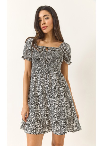 Kadın Papatya Desenli Karpuz Kollu Giperli Mini Viskon Elbise modelleri