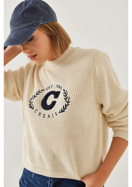 Kadın Bisiklet Yaka Nakışlı Selanik Triko Kazak