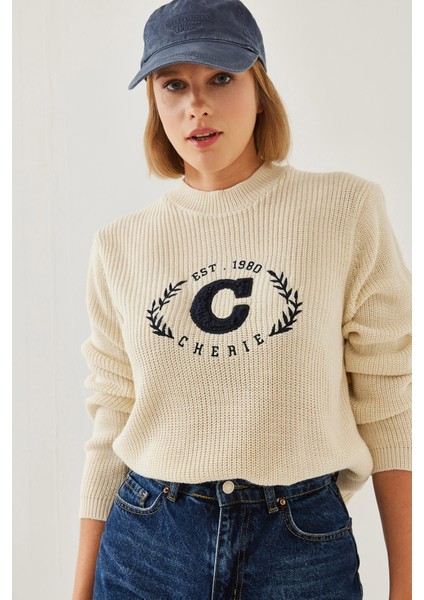 Kadın Bisiklet Yaka Nakışlı Selanik Triko Kazak fiyatları