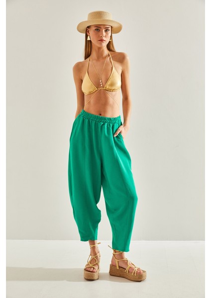 Kadın Beli Lastikli Cepli Keten Pantolon