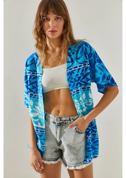 Kadın Etnik Desenli Kısa Kollu Viskon Kimono