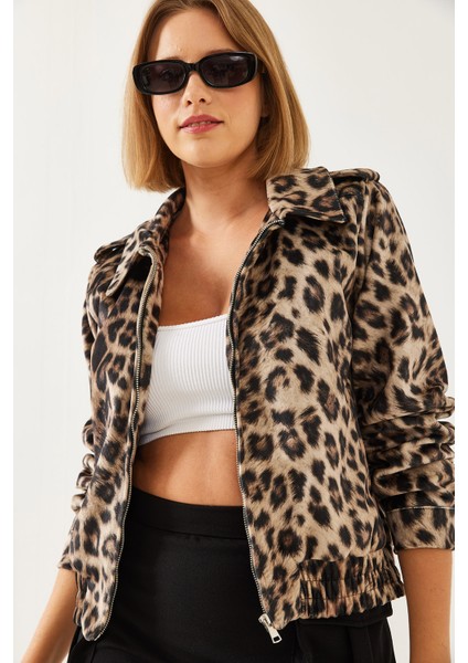 Kadın Leopar Desenli Fermuarlı Mont