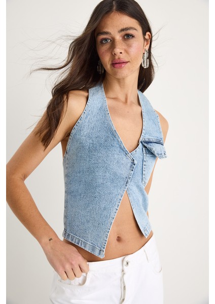 Kadın Boyundan Askılı Dekolte Detaylı Denim Bluz modelleri