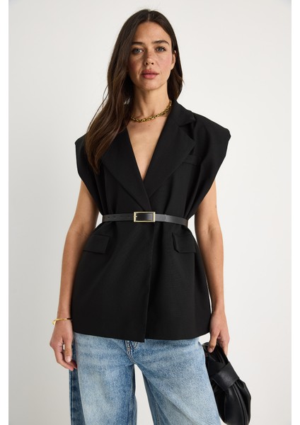 Kadın Cep Detaylı Kemerli Vatkalı Oversize Astarlı Blazer Yelek fiyatları