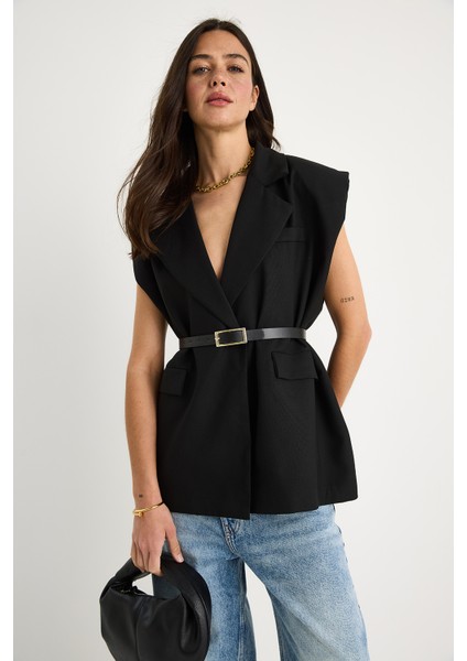 Kadın Cep Detaylı Kemerli Vatkalı Oversize Astarlı Blazer Yelek indirimleri