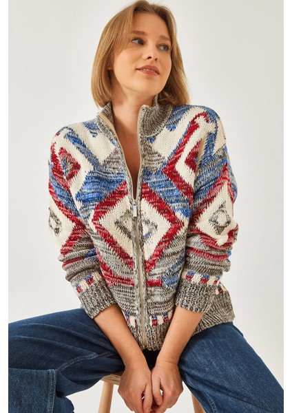 Kadın Fermuarlı Desenli Triko Hırka