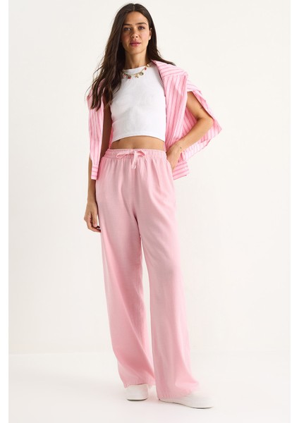 Kadın Belli Lastikli Cep Detaylı Keten Palazzo Pantolon Yp