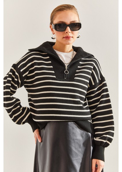 Kadın Çizgili Fermuarlı Triko Kazak