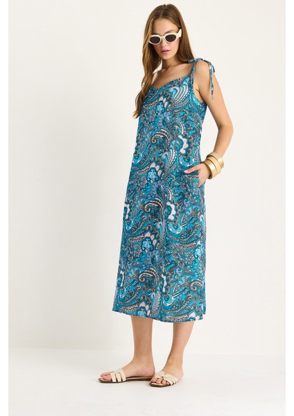 Kadın Bağlama Askılı V Yaka Cep Detaylı Desenli Midi Elbise - modelleri